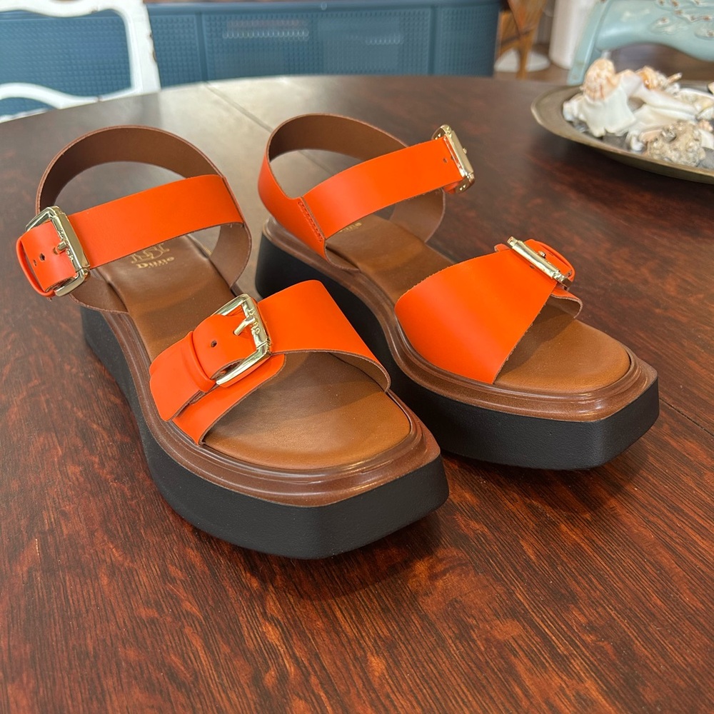 Dune London  orange and brown leather platform sandals